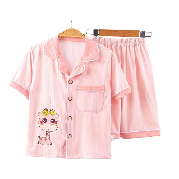 Pretty Comy Kids Button Down Sleepwear Short Sleeve Long Pants 2PCS Pajama Sets Casual Lapel Loungewear Cartoon Nightwear