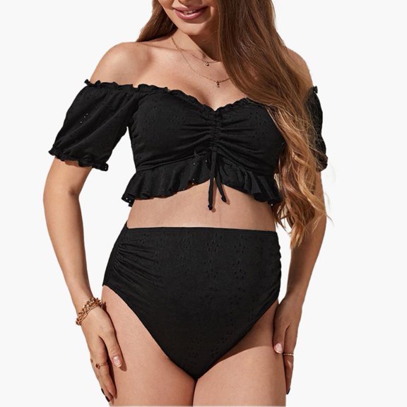 Pretty Comy Maternity High Waist Bikini Swimsuit Two Piece Ruffled Hem Cute Bathing Suit Pregnancy Swimwear Black