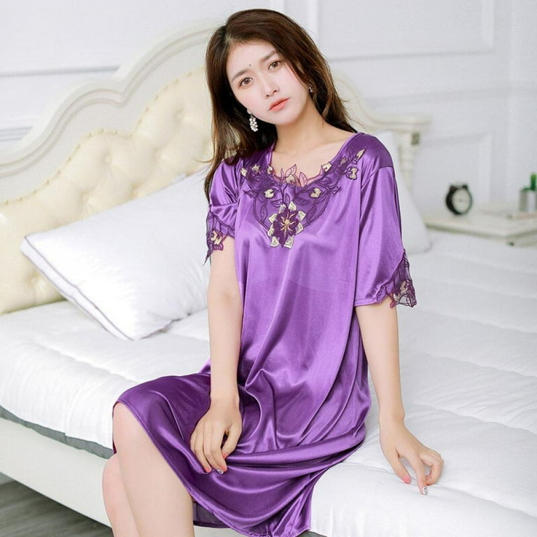 Sexy Women Sleepwear Silk Satin Short Sleeve Nightgown Robes Night
