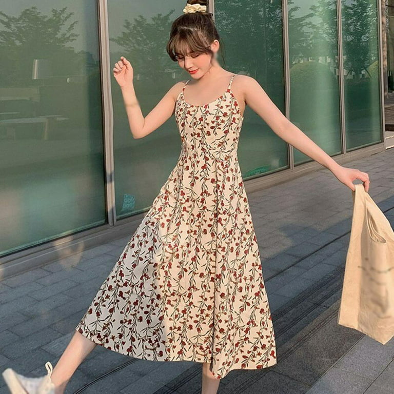 Pretty Comy Summer Sling Dresses Fashion Sweet Floral Print A-line Dress  Sexy Natural Waist V-neck Sleeveless Dresses For Women Apricot XL 