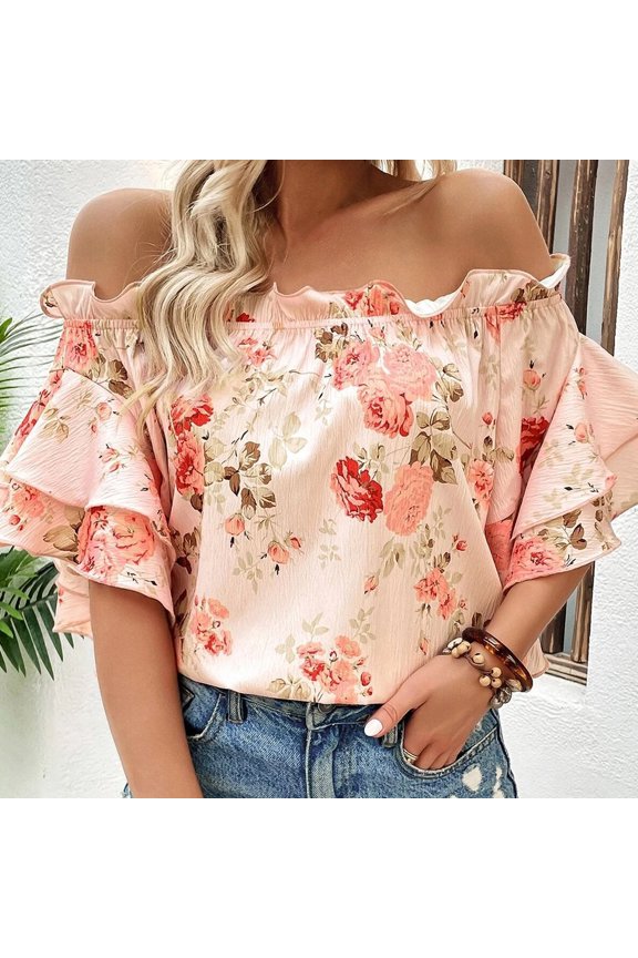 Summer Women Short Sleeve Top Printed One Neck Chiffon Shirt Ruffle Sleeve T-Shirt