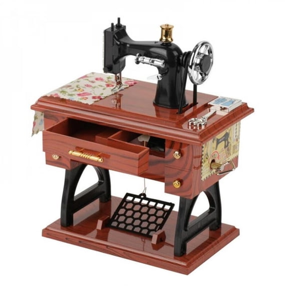 Pretty Comy Vintage Mini Sewing Machine Style Plastic Music Box Table Desk Decoration Toy Gift for Kid Children, Brown