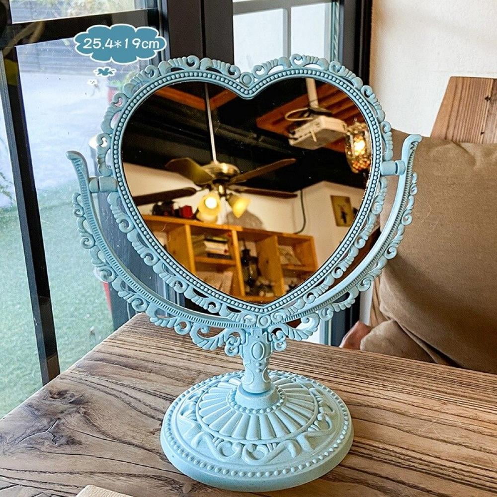 Pretty Comy Wind Double sided Makeup Mirror Heart Princess Mirror Dormitory Bedroom Desktop Heart shaped Skinny Mirror Heart shaped Blue