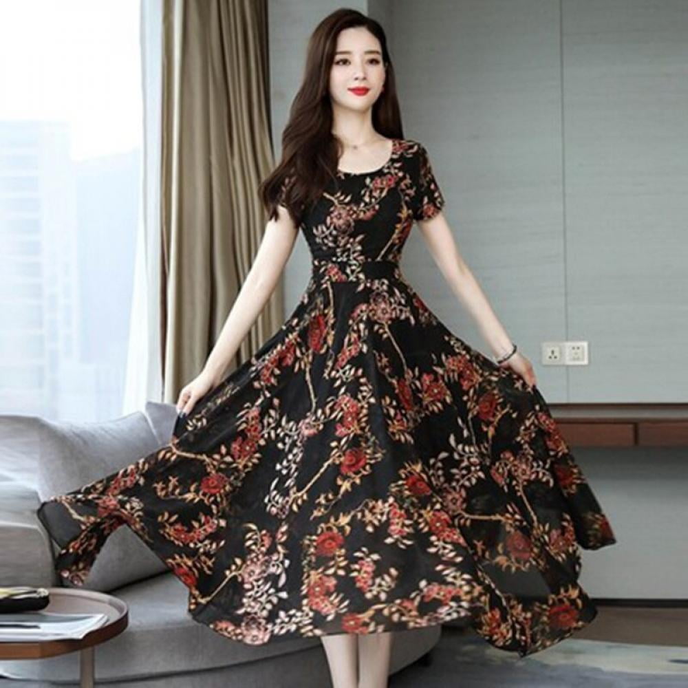 Pretty Comy Women Summer Floral Printed Dress Women O Neck Ladies