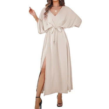 Pretty Comy Women's 2024 Summer Elegant V-neck Loose Fitting Dress Side Split Full-waist Dress