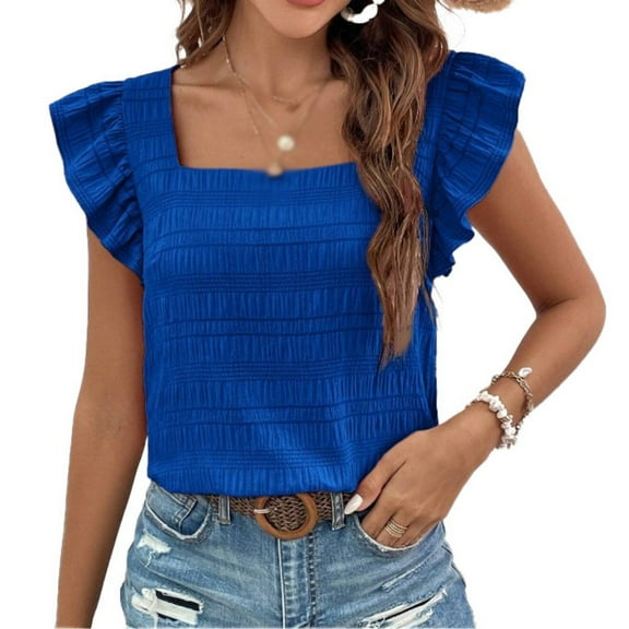 Pretty Comy Women's Casual Summer Square Neck Tank Tops Sleeveless Ruffle Chiffon Blouses Top Shirts