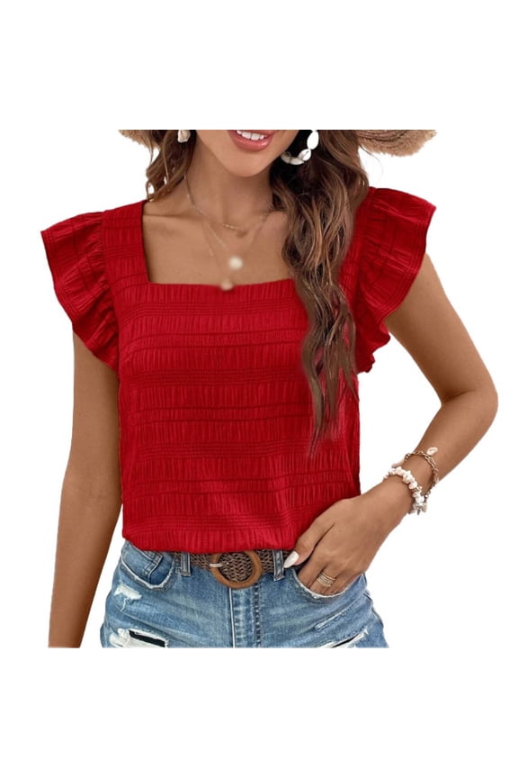 Women's Casual Summer Square Neck Tank Tops Sleeveless Ruffle Chiffon Blouses Top Shirts