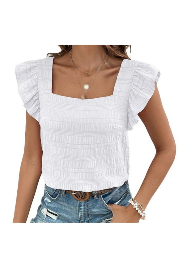 Women's Casual Summer Square Neck Tank Tops Sleeveless Ruffle Chiffon Blouses Top Shirts