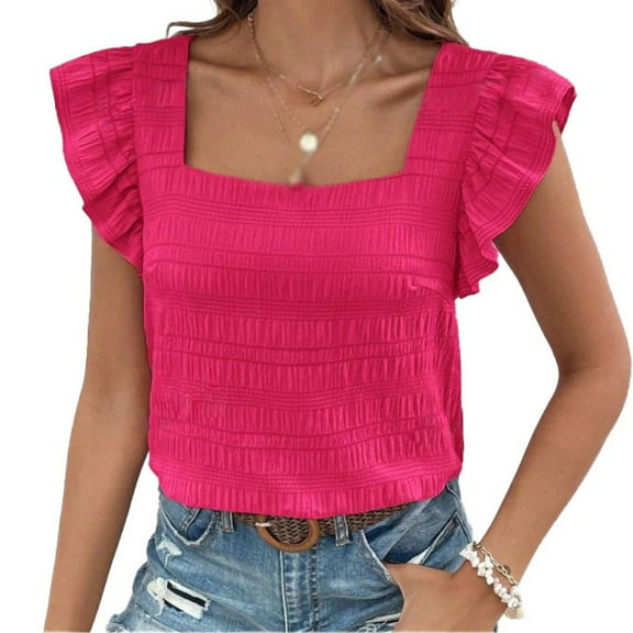 Pretty Comy Women's Casual Summer Square Neck Tank Tops Sleeveless Ruffle Chiffon Blouses Top Shirts