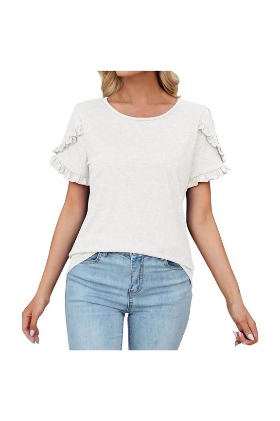 Women's Round Neck Petal Sleeve Patchwork Solid Color T-shirt Loose Top