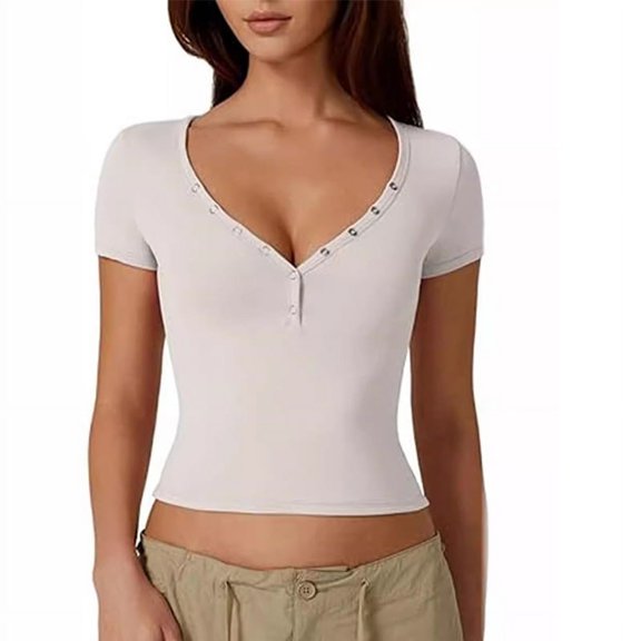 Pretty Comy Women's Sexy V-neck Slim-fit Short T-shirt Short Sleeve Top