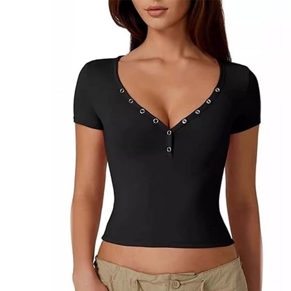 Pretty Comy Women's Sexy V-neck Slim-fit Short T-shirt Short Sleeve Top