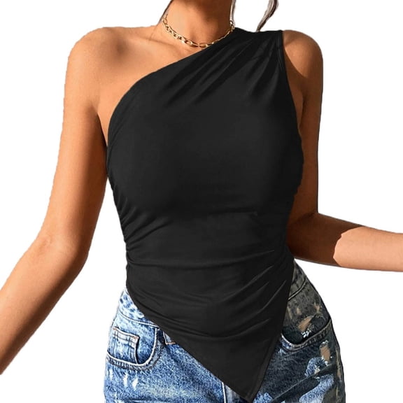 Pretty Comy Women‘s Slim Irregular Oblique Shoulder Sexy Bare Shoulder Heart Halter Top