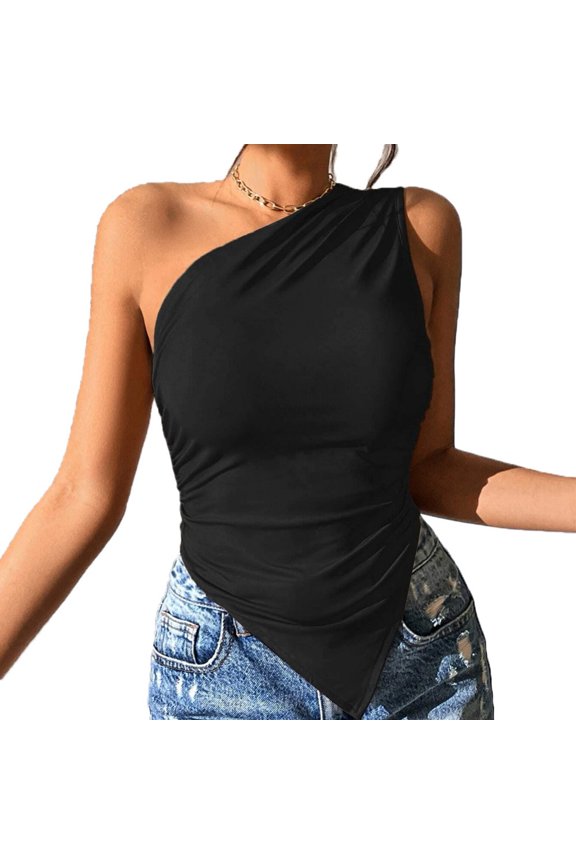 Women‘s Slim Irregular Oblique Shoulder Sexy Bare Shoulder Heart Halter Top