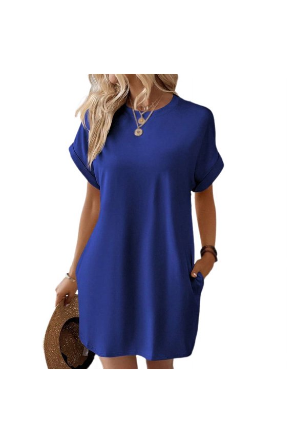 Women's Solid Color Round Neck Loose Short Sleeved Pocket Dress