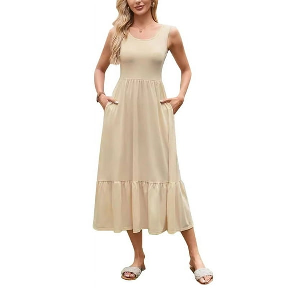 Pretty Comy Women's Square Neck Pleated Large Swing Sleeveless Pocket Dress Solid Color