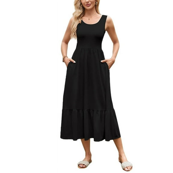 Pretty Comy Women's Square Neck Pleated Large Swing Sleeveless Pocket Dress Solid Color