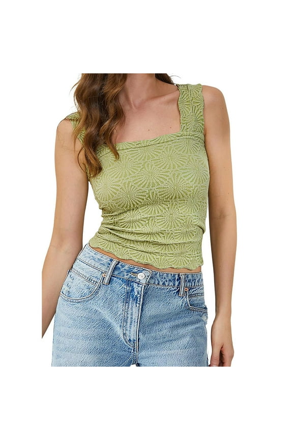 Women's Square Neck Wide Shoulder Strap Short Tank Top Casual Floral Sleeveless Slim Camisole Top