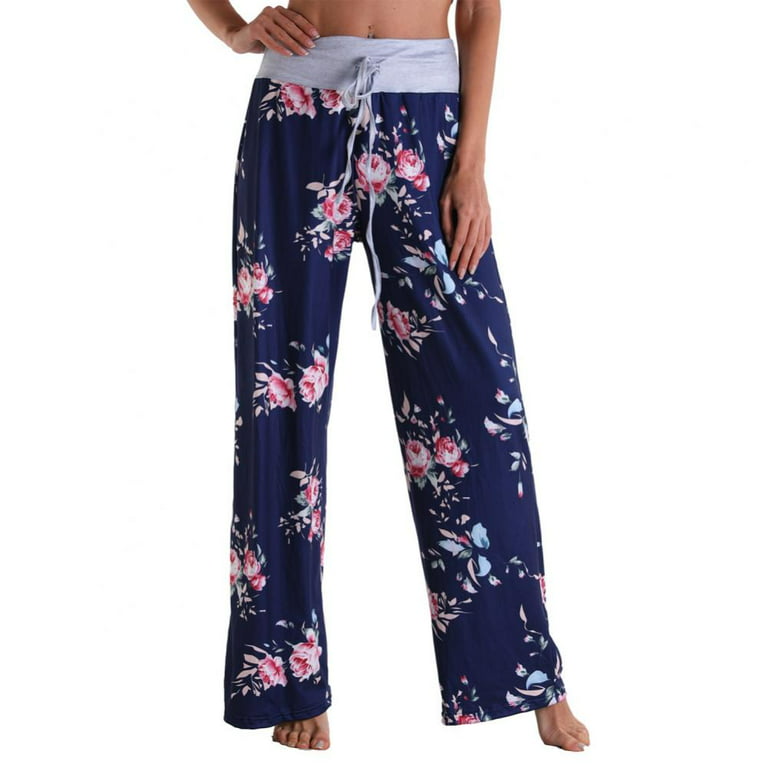 Pretty Comy Women's Summer Casual Pajama Pants Floral Print Drawstring  Palazzo Lounge Pants Wide Leg Black, XX-Large 