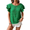 thumbnail image 1 of Pretty Comy Women's Summer Pleated Round Neck Double Ruffle Sleeve Casual Top Solid Color T-shirt, 1 of 7