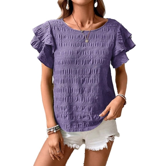 Pretty Comy Women's Summer Pleated Round Neck Double Ruffle Sleeve Casual Top Solid Color T-shirt