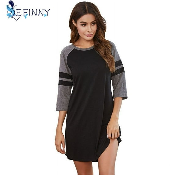 Pretty Comy Womens Cotton Night Shirt for Sleeping Sleepwear 1/2 Sleeves Striped Patchwork Sleep Shirts S-XXL
