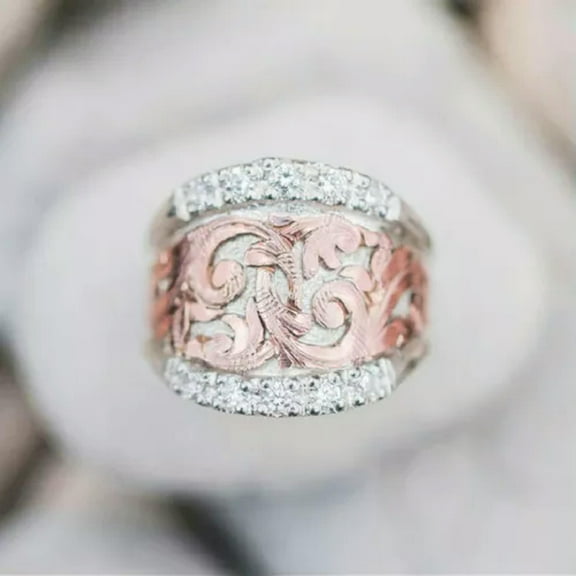 Pretty Cubic Zircon Two Tone 925 Silver Ring Women Party Band Ring Sz 6-10