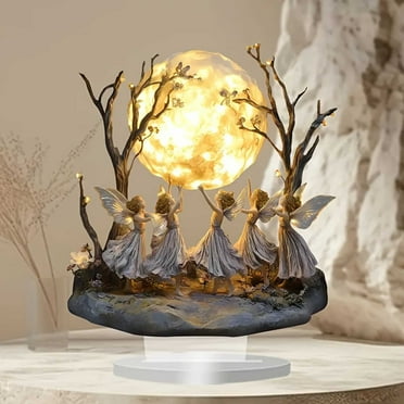 Pretty Cute Angel Moon Night Light, Multicolor Glow Angel Night Light Decoration Table Ornament Statues Night Light Angel Moon Light Lamp Sculpture for Bookshelf Bedroom Home Office