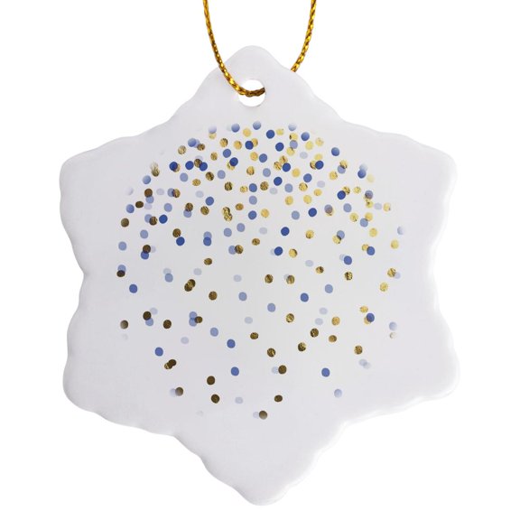 3drose, Pretty Dark Blue and Gold Confetti Pattern, 3 inch Snowflake Porcelain Ornament