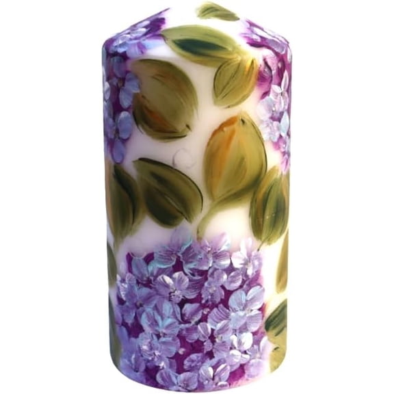 Pretty Decorative Unscented Dripless Romantic Large Tall Decorated White Pillar Flower Candle with Artist Hand Painted Lavender Hydrangeas and Silver Swirls Spring Summer Purple Floral Home Decor
