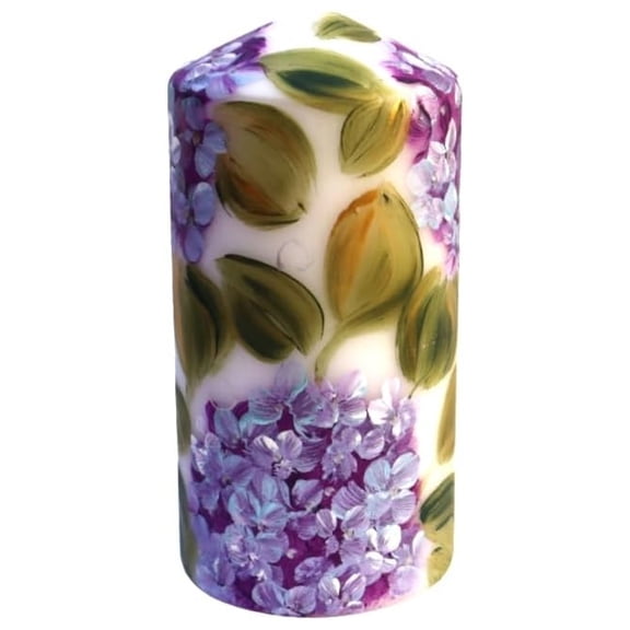 Pretty Decorative Unscented Dripless Romantic Large Tall Decorated White Pillar Flower Candle with Painted Lavender Hydrangeas and Silver Swirls Spring Summer Floral Home Decor