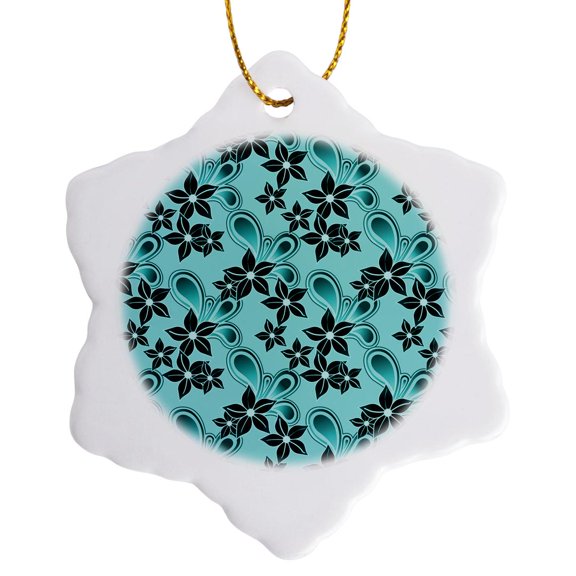 3drose, Pretty Deep Turquoise Flowers on a Flourish on a Light Blue Background, 3 inch Snowflake Porcelain Ornament