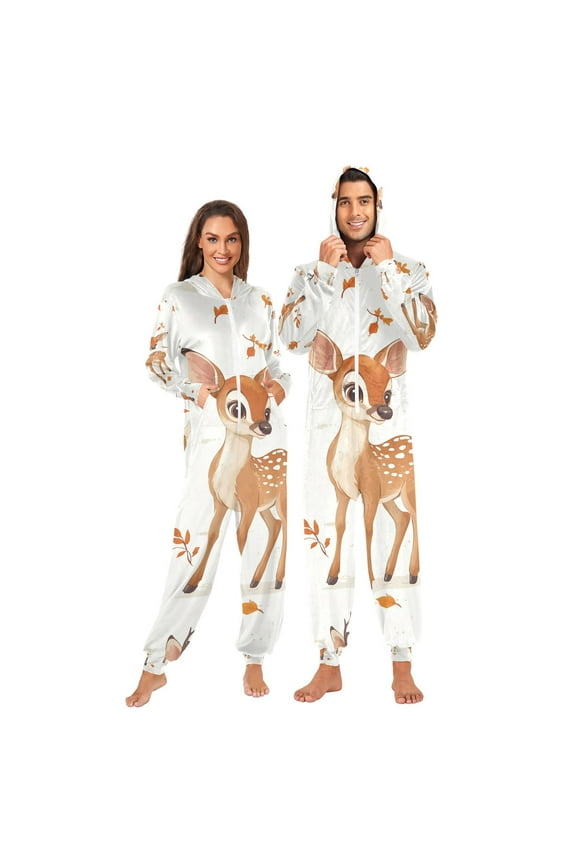 Pretty Deers Adult Onesie Pajamas Slim Fit Christmas One Piece Suit Pjs for Women and Men Hooded Zipper