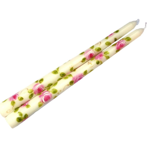 Pretty Dripless Smokeless Decorative Hand Painted Pink Rose Ivory Taper Candle Set Romantic Shabby Chic Decor Goddess Arts Collection Gift for Her