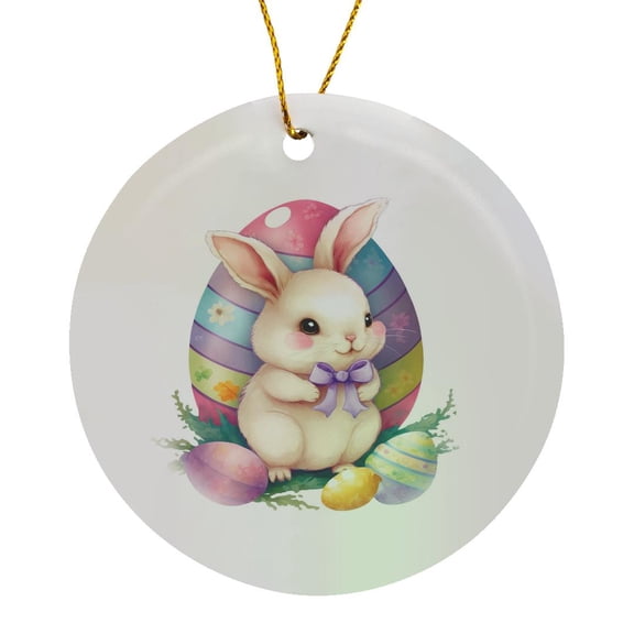 3drose, Pretty Easter Bunny Sitting in Front of an Easter Egg, Circle Porcelain Ornament