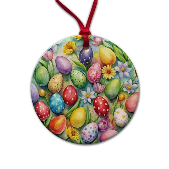 Pretty Easter Eggs Flowers Watercolor Christmas Tree Holiday Round Ceramic Ornament