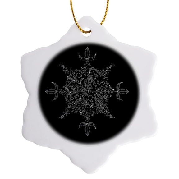 3drose, Pretty Eight Point Flower Patterned Snowflake in White on a Black Background, 3 inch Snowflake Porcelain Ornament
