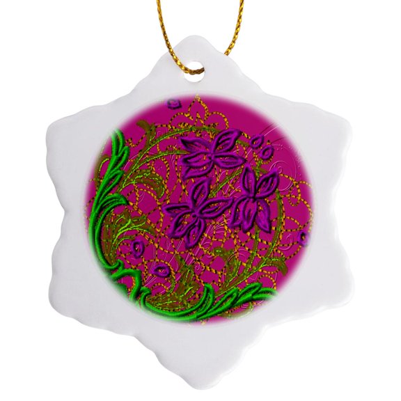 3drose, Pretty Embroidered Look Leaves, Flowers and Golden Highlights, 3 inch Snowflake Porcelain Ornament