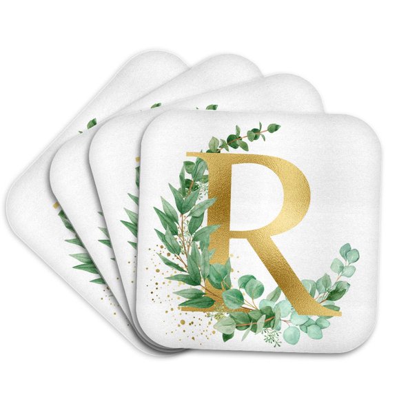 3drose, Pretty Eucalyptus Greenery Leaves Monogram Initial R, Set of 4 Coasters - Soft