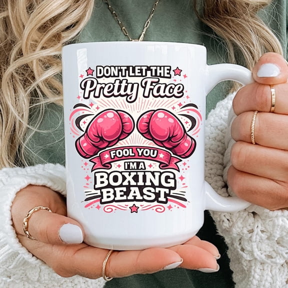 Pretty Face Boxing Beast Coffee Mug Funny Boxing Quote Ceramic Cup Gift for Female Fighters Gym Lovers and Boxing Fans