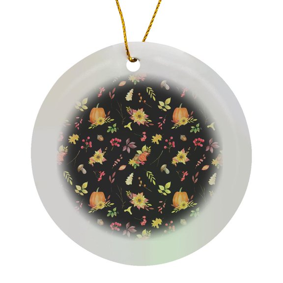3drose, Pretty Fall Floral, Twigs, and Pumpkins Pattern, Circle Porcelain Ornament