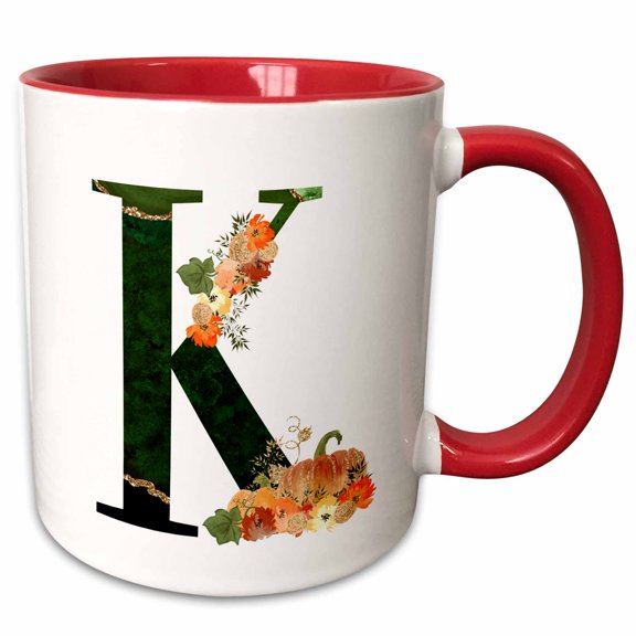 3drose, Pretty Fall Flowers and Pumpkins Monogram Initial K, 15oz Two-tone Red Mug