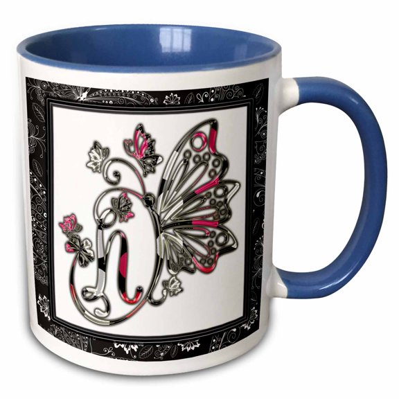 3drose, Pretty Fancy Butterfly Monogram Initial N, 11oz Two-tone Blue Mug