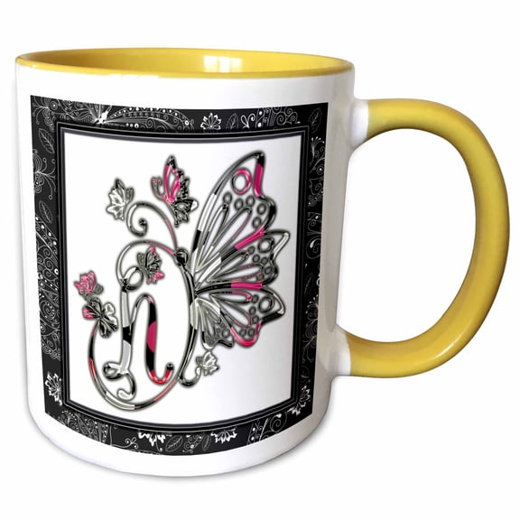 3drose, Pretty Fancy Butterfly Monogram Initial N, 15oz Two-tone Yellow Mug