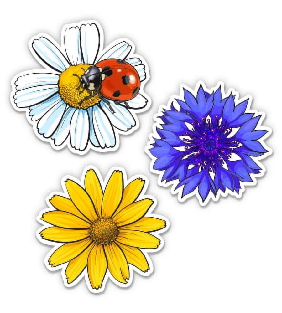 Pretty Field Flowers with Ladybug Cute Set - 8" each Vinyl Stickers ...