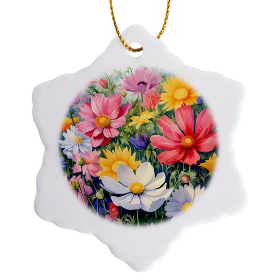 3drose, Pretty Field of Flowers Background, 3 inch Snowflake Porcelain Ornament