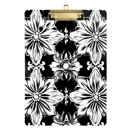Pretty Floral Black and White Acrylic Clipboard with Gold Clip for Classroom School and Office A4 Letter Size
