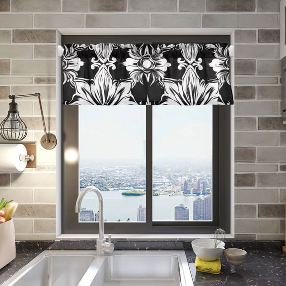 Pretty Floral Black and White Curtain Valances for Windows Kitchen Living Room Valances 54" W x 18" L