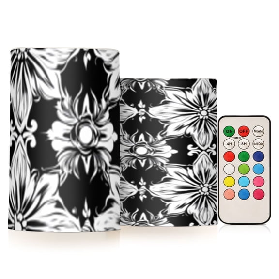 Pretty Floral Black and White Flickering Flameless Candles Battery Operated with Remote Timer LED Pillar Candles Set of 2