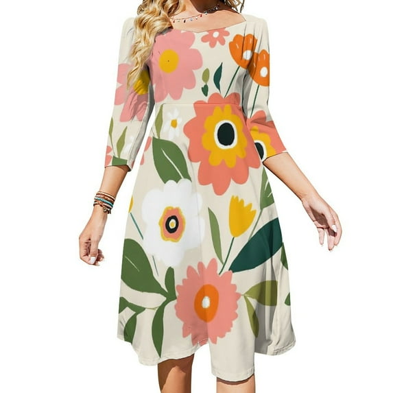 Pretty Floral Bouquet Bright Colors Womens Summer Dress Tie Back A Line Flare Dress